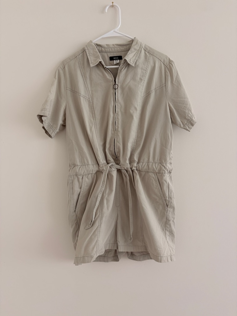BDG Short Sleeve Drawstring Romper in Light Khaki